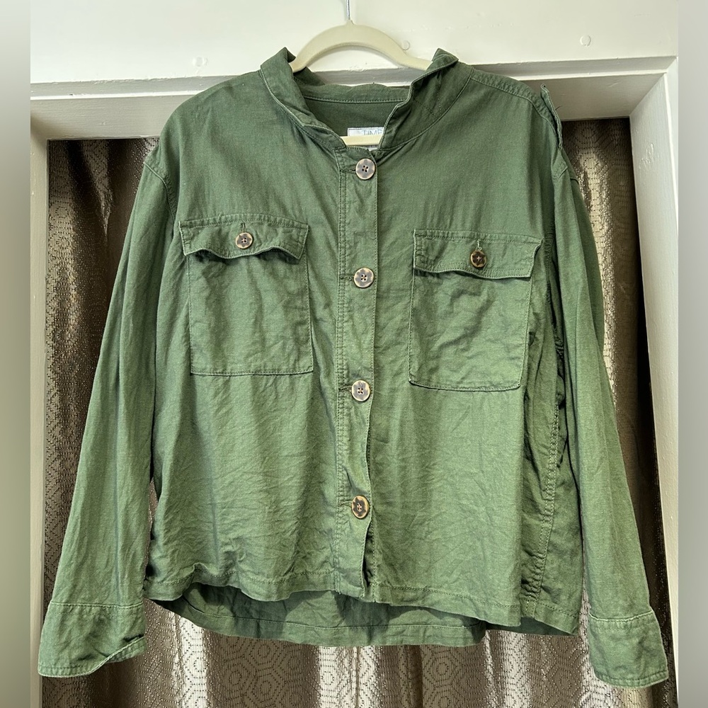 Time and Tru Olive Button-Up Top size L